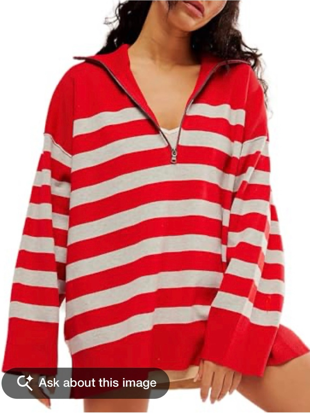 Red and White Striped Half-Zip Knit Sweater - Women
